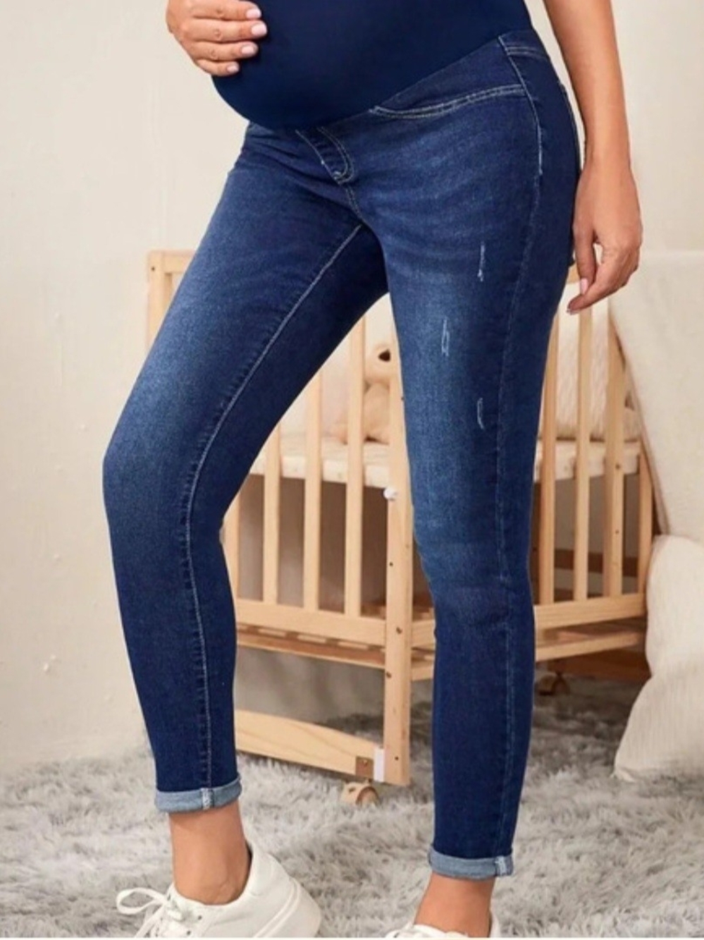 Enjean Maternity Crop Skinny Cuffed Jeans Womens Size Medium Dark Indigo Stretch